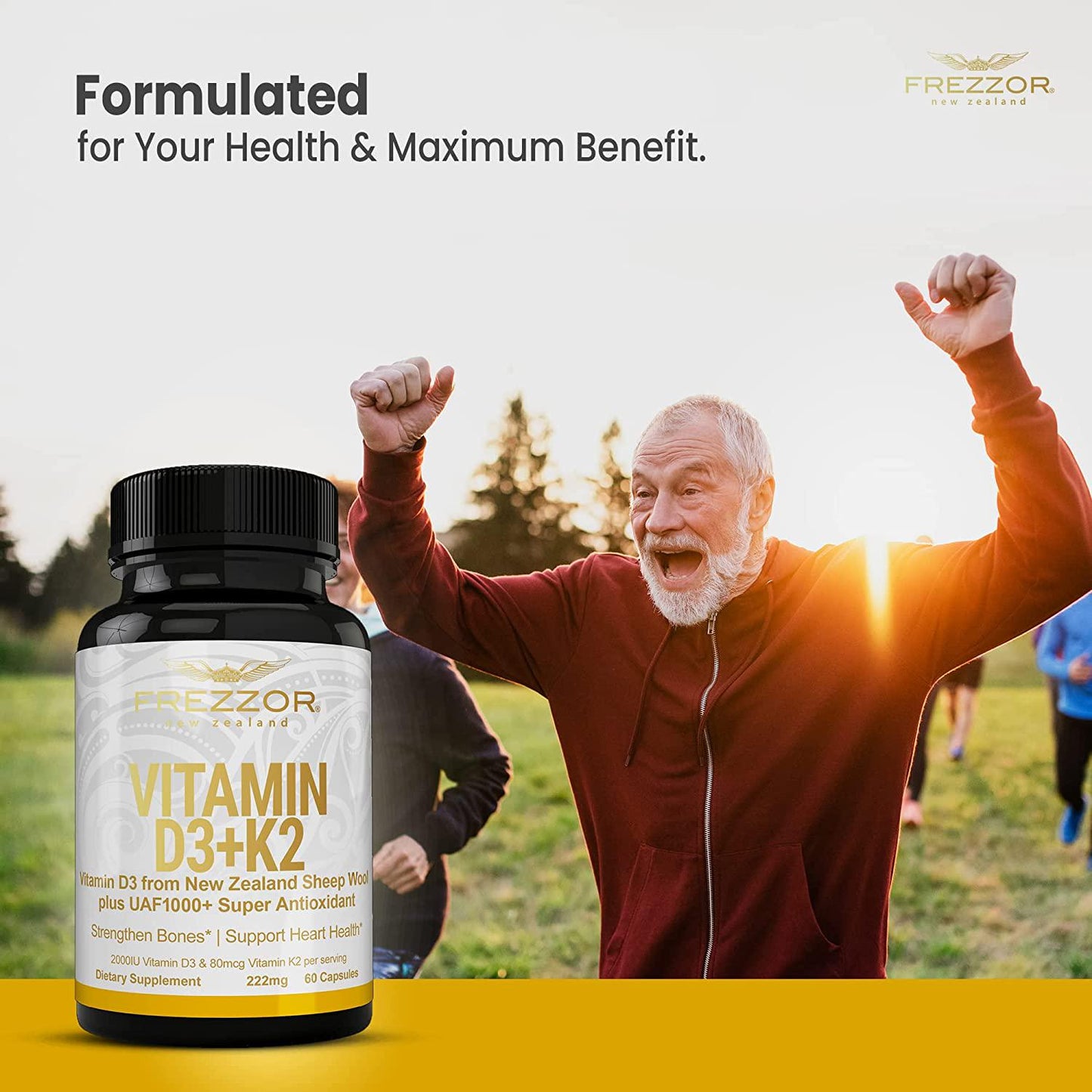 FREZZOR Vitamin D3 (2000IU) Plus K2 (80mcg), 2 in 1 Formula, Vitamin D3 Liquid with Vitamin K2, 60 Soft-Gels, Support Heart, Teeth and Joint Health, Easy to Swallow