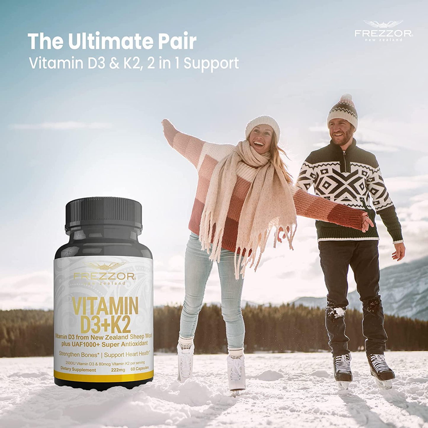 FREZZOR Vitamin D3 (2000IU) Plus K2 (80mcg), 2 in 1 Formula, Vitamin D3 Liquid with Vitamin K2, 60 Soft-Gels, Support Heart, Teeth and Joint Health, Easy to Swallow