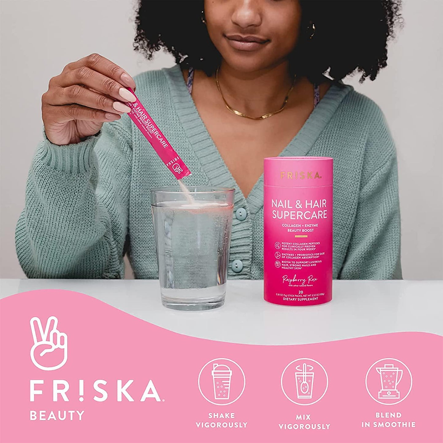 FRISKA Nail and Hair Supercare | Biotin and Collagen Supplements Beauty Boost | Digestive Enzyme and Probiotics for Women | Raspberry Rose Flavor | 20 Stick Packs