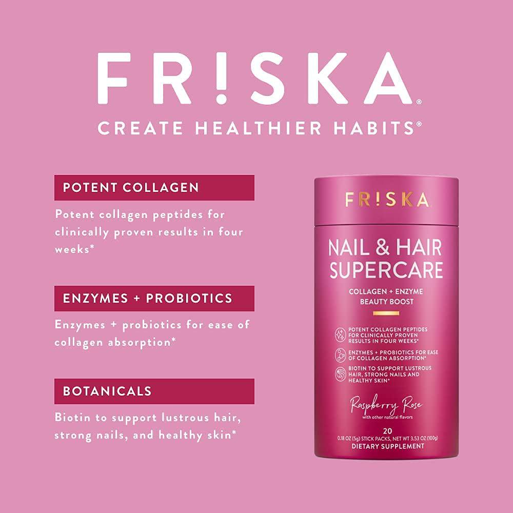 FRISKA Nail and Hair Supercare | Biotin and Collagen Supplements Beauty Boost | Digestive Enzyme and Probiotics for Women | Raspberry Rose Flavor | 20 Stick Packs