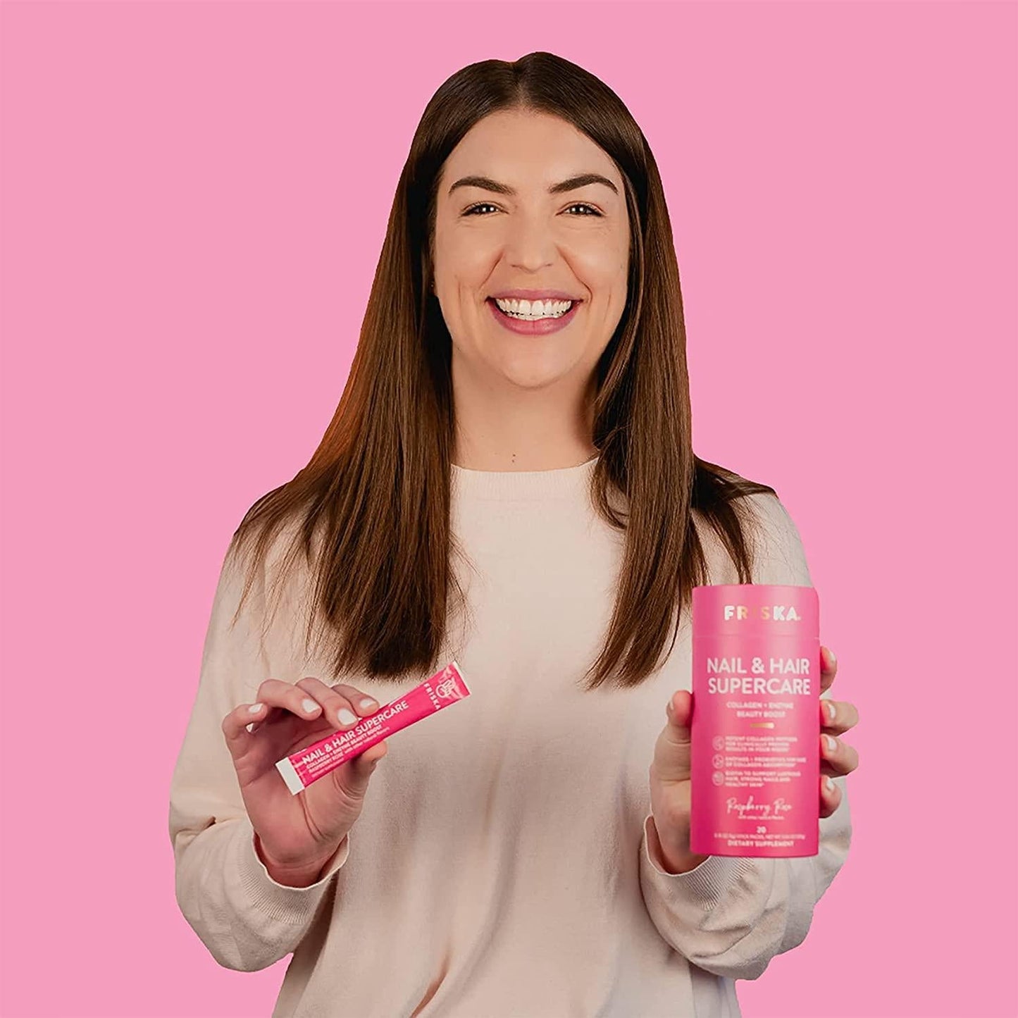 FRISKA Nail and Hair Supercare | Biotin and Collagen Supplements Beauty Boost | Digestive Enzyme and Probiotics for Women | Raspberry Rose Flavor | 20 Stick Packs