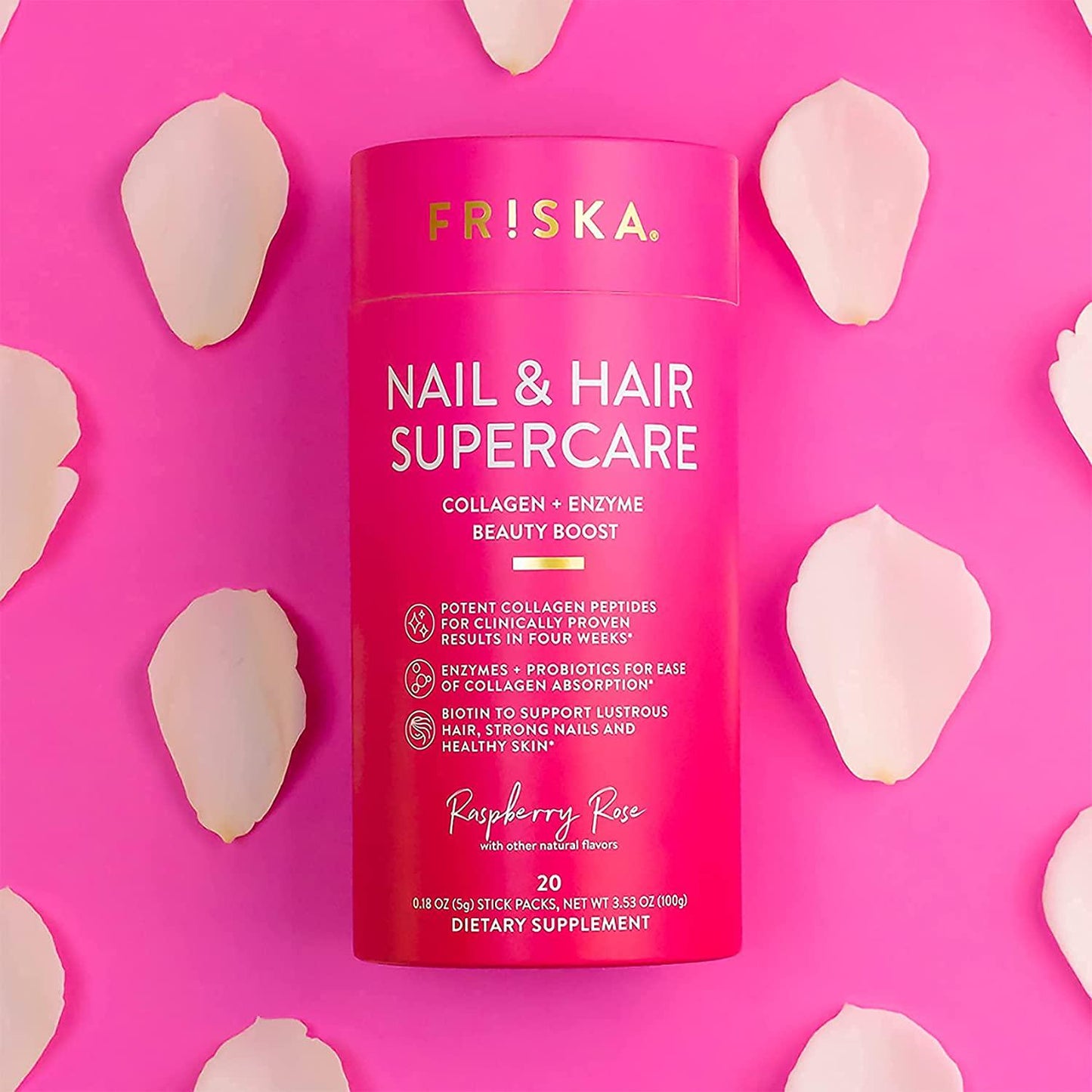 FRISKA Nail and Hair Supercare | Biotin and Collagen Supplements Beauty Boost | Digestive Enzyme and Probiotics for Women | Raspberry Rose Flavor | 20 Stick Packs