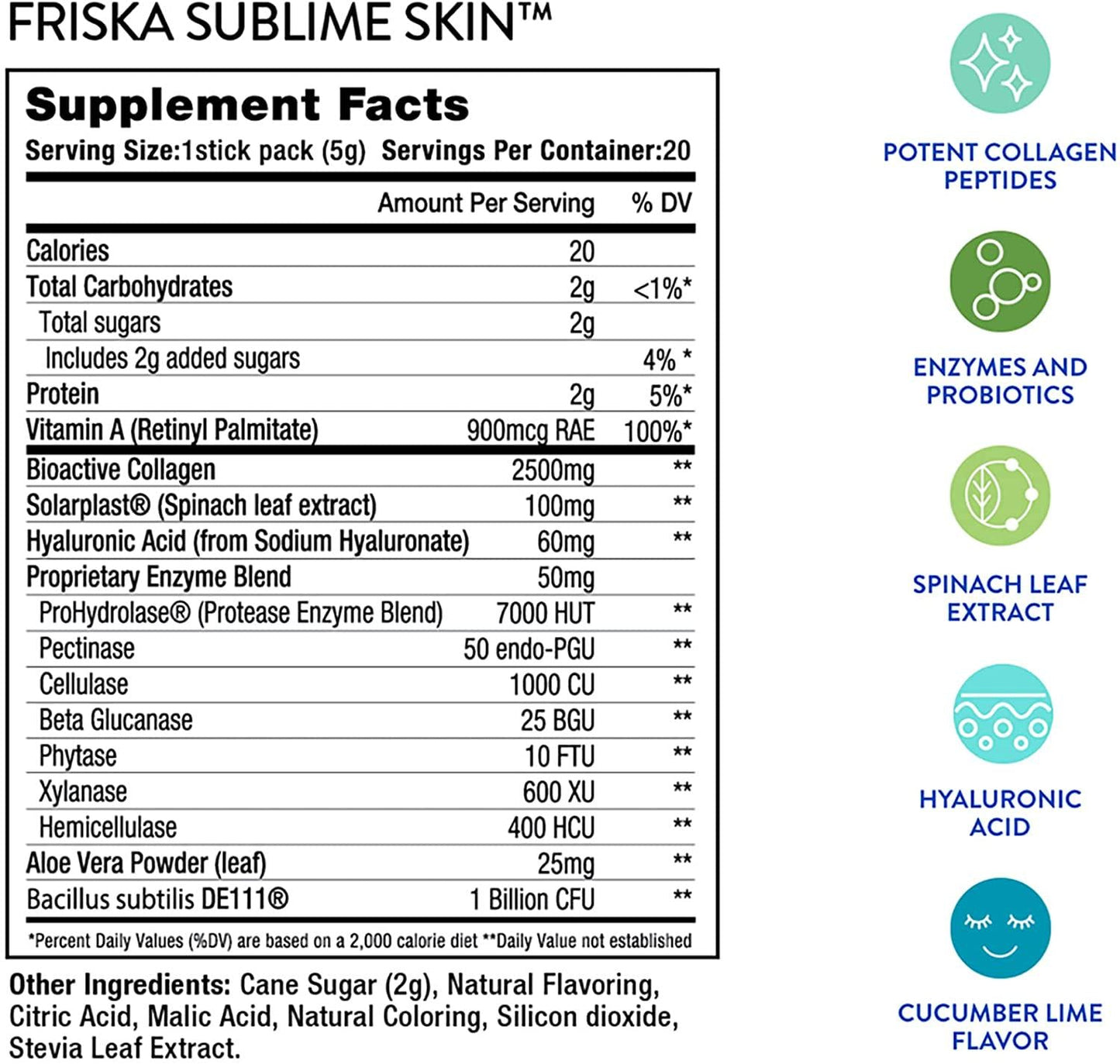 FRISKA Sublime Skin Collagen Powder | Probiotics, Digestive Enzymes and Hyaluronic Acid | Beauty Supplements for Women | Cucumber Lime Flavor | 20 Stick Packs