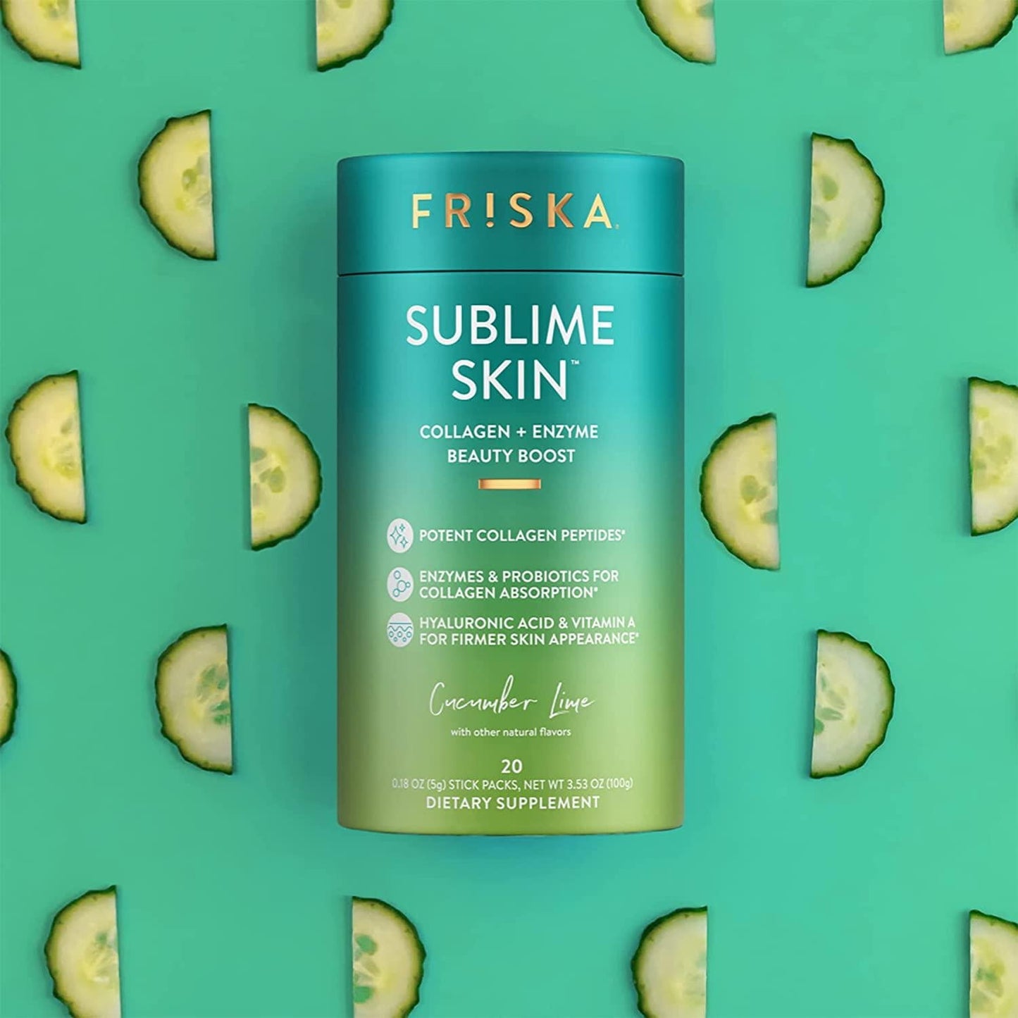 FRISKA Sublime Skin Collagen Powder | Probiotics, Digestive Enzymes and Hyaluronic Acid | Beauty Supplements for Women | Cucumber Lime Flavor | 20 Stick Packs