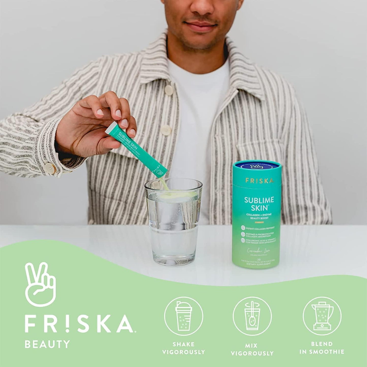 FRISKA Sublime Skin Collagen Powder | Probiotics, Digestive Enzymes and Hyaluronic Acid | Beauty Supplements for Women | Cucumber Lime Flavor | 20 Stick Packs