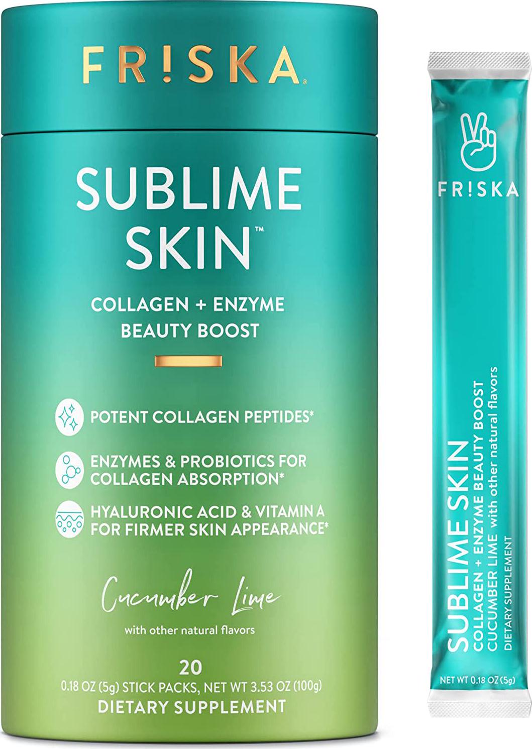 FRISKA Sublime Skin Collagen Powder | Probiotics, Digestive Enzymes and Hyaluronic Acid | Beauty Supplements for Women | Cucumber Lime Flavor | 20 Stick Packs