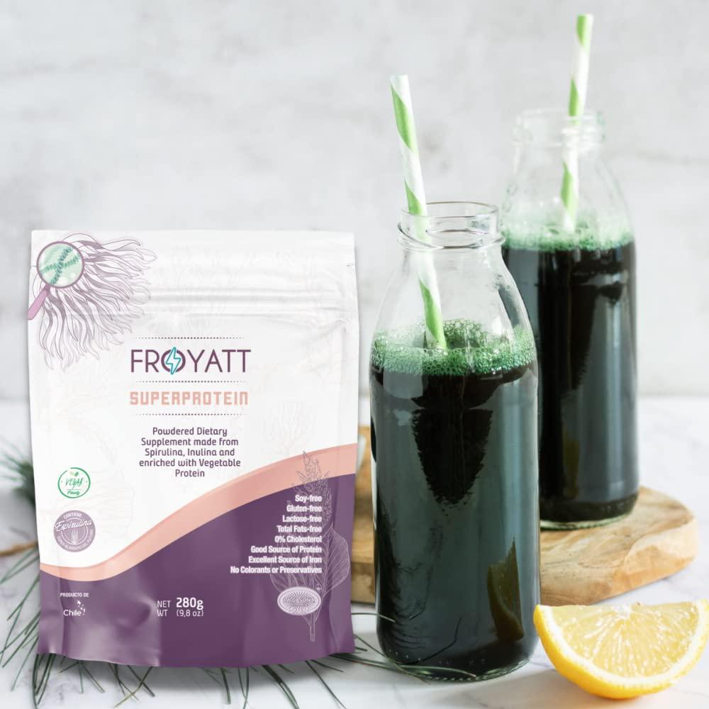 FROYATT SUPERPROTEIN, Spirulina Gluten Free, Vegetable Protein, Quinoa, Inulin, Non-GMO, Vegan, Kosher - 9.8 oz | Soy free, gluten free, 0% Cholesterol, very low in sodium vegan protein powder