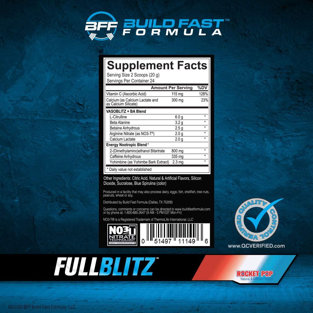 FULLBLITZ by BFF Build Fast Formula | Fully Loaded Pre-Workout | Energy Booster + Huge Dual Pathway Nitric Oxide Boosting Muscle Pumps, Laser Focus and Nootropic Blend 24 Workouts (Rocket Pop)
