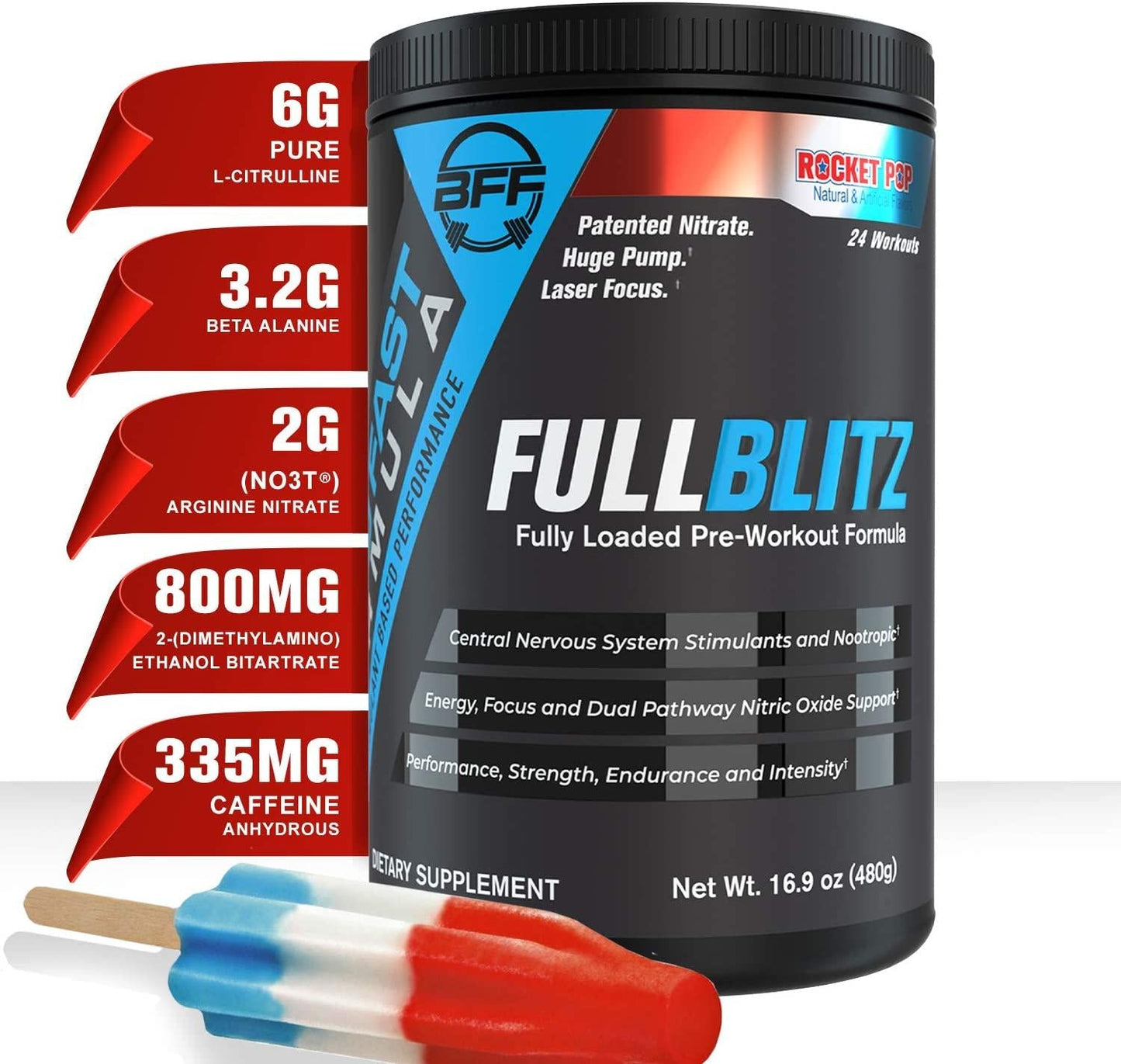 FULLBLITZ by BFF Build Fast Formula | Fully Loaded Pre-Workout | Energy Booster + Huge Dual Pathway Nitric Oxide Boosting Muscle Pumps, Laser Focus and Nootropic Blend 24 Workouts (Rocket Pop)