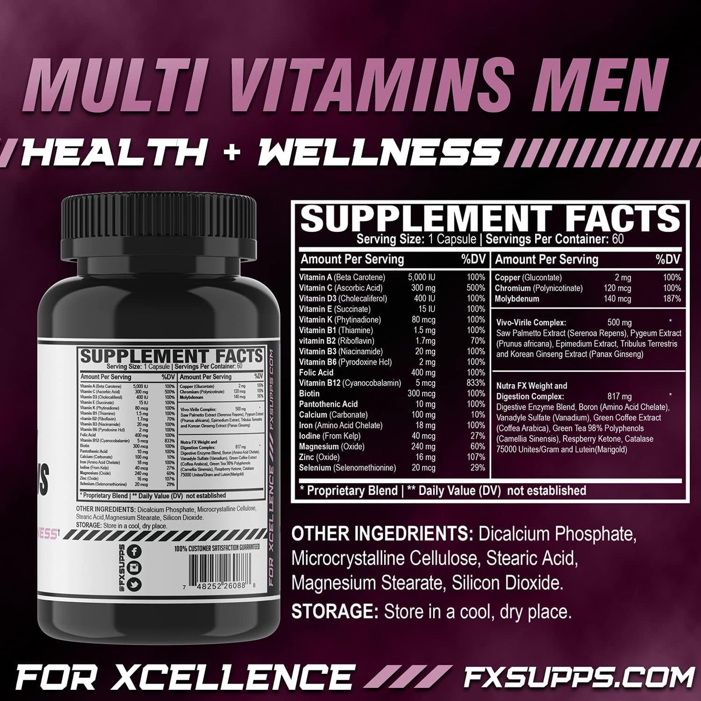 FX Supps Multivitamin for Men (60 Capsules) | Daily Vitamin Supplement | with Essential Nutrients for Better Health and Immune Support | with Iron, Zinc, Magnesium, Vitamin A, B2, B3, B6, B12 and D3