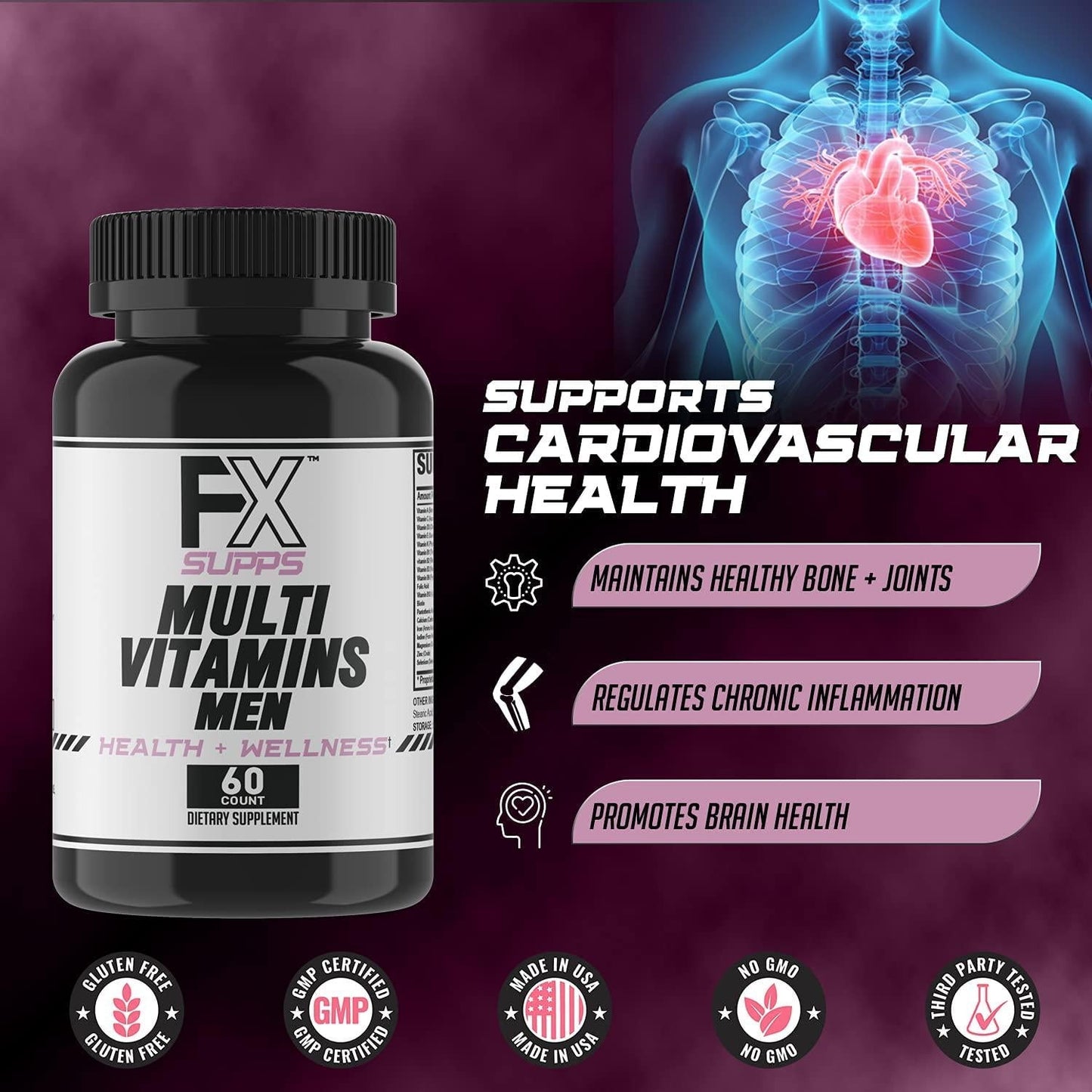 FX Supps Multivitamin for Men (60 Capsules) | Daily Vitamin Supplement | with Essential Nutrients for Better Health and Immune Support | with Iron, Zinc, Magnesium, Vitamin A, B2, B3, B6, B12 and D3
