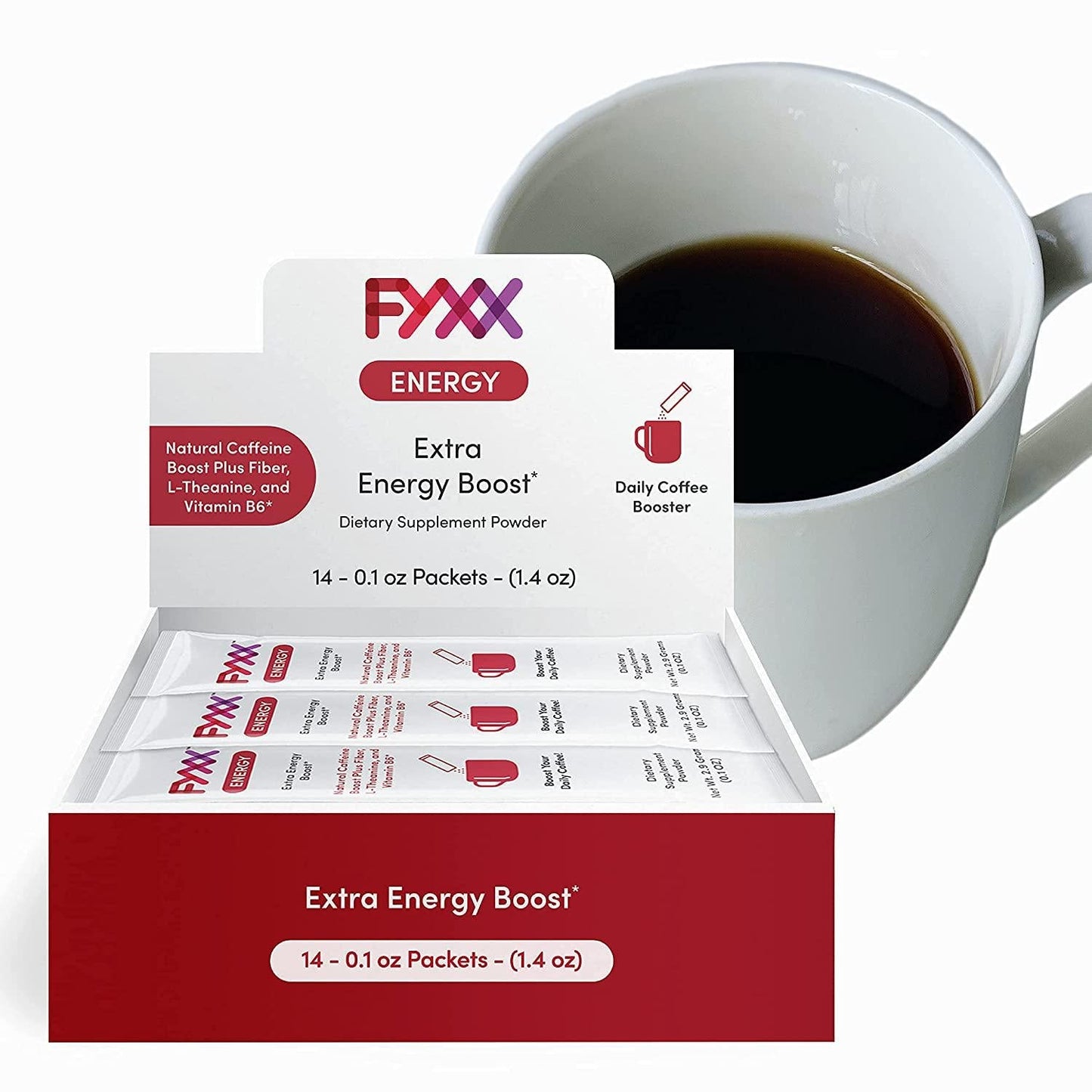 FYXX Energy Sticks add them to your coffee for an extra boost of energy and focus. Contains green coffee extract, fiber, vitamin B6, L-Theanine and an extra shot of arabica coffee. 14 Servings.