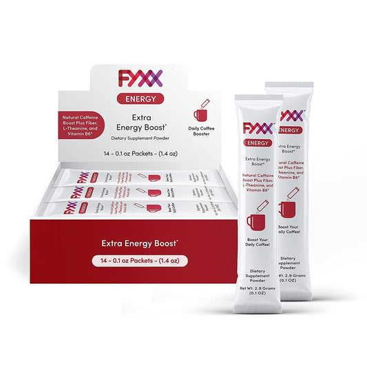 FYXX Energy Sticks add them to your coffee for an extra boost of energy and focus. Contains green coffee extract, fiber, vitamin B6, L-Theanine and an extra shot of arabica coffee. 14 Servings.