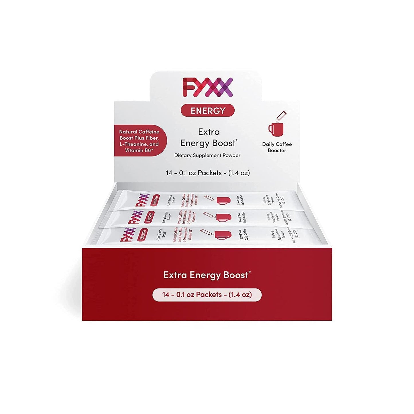 FYXX Energy Sticks add them to your coffee for an extra boost of energy and focus. Contains green coffee extract, fiber, vitamin B6, L-Theanine and an extra shot of arabica coffee. 14 Servings.