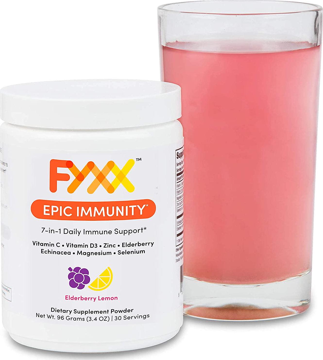 FYXX Epic Immunity - 7-in-1 Immune Booster with Powerful Blend of Vitamin C, Vitamin D, Zinc, Elderberry, Echinacea, Selenium and Magnesium for Daily Immune Support. Berry Lemonade Flavor. 30 Servings.