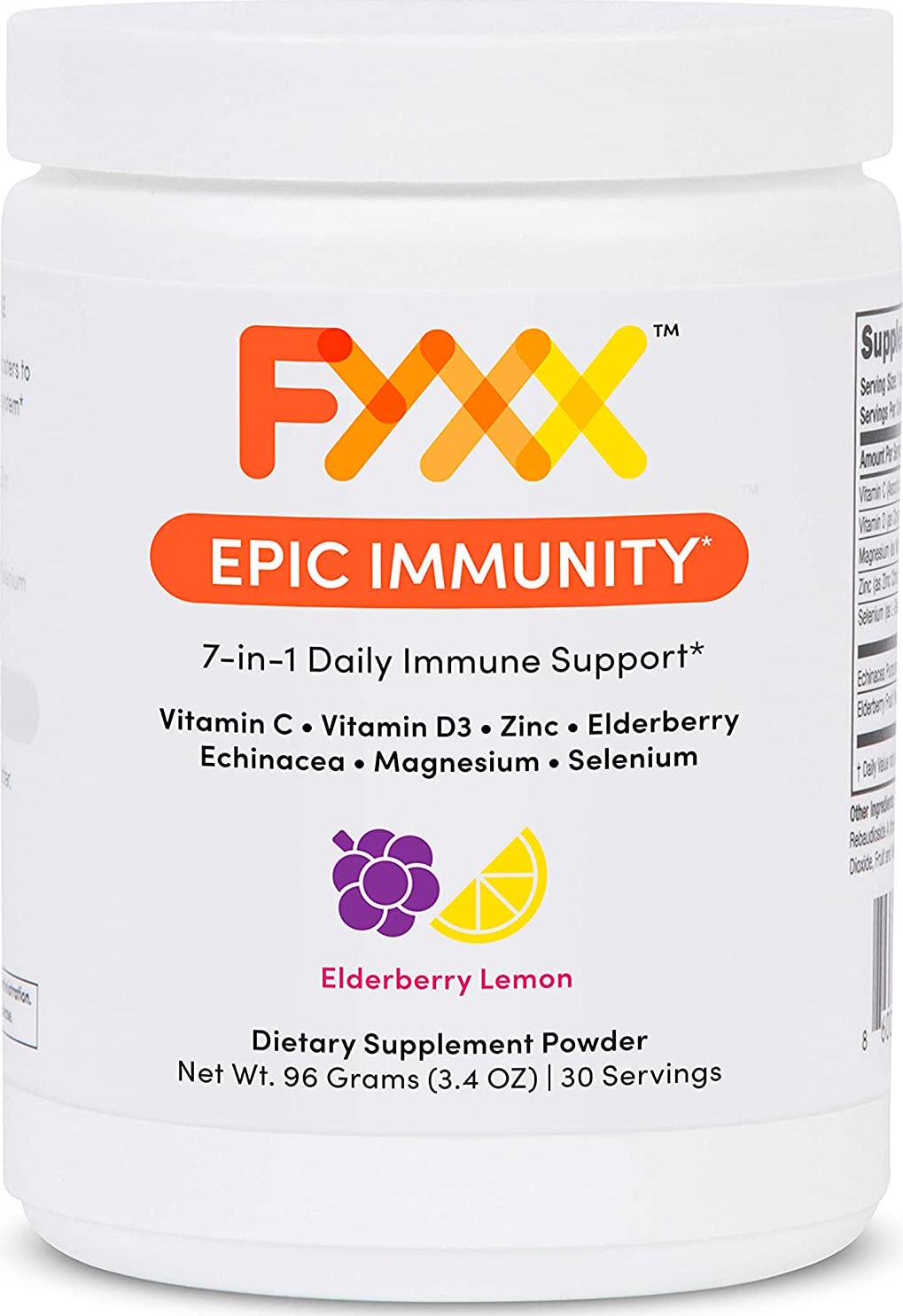 FYXX Epic Immunity - 7-in-1 Immune Booster with Powerful Blend of Vitamin C, Vitamin D, Zinc, Elderberry, Echinacea, Selenium and Magnesium for Daily Immune Support. Berry Lemonade Flavor. 30 Servings.