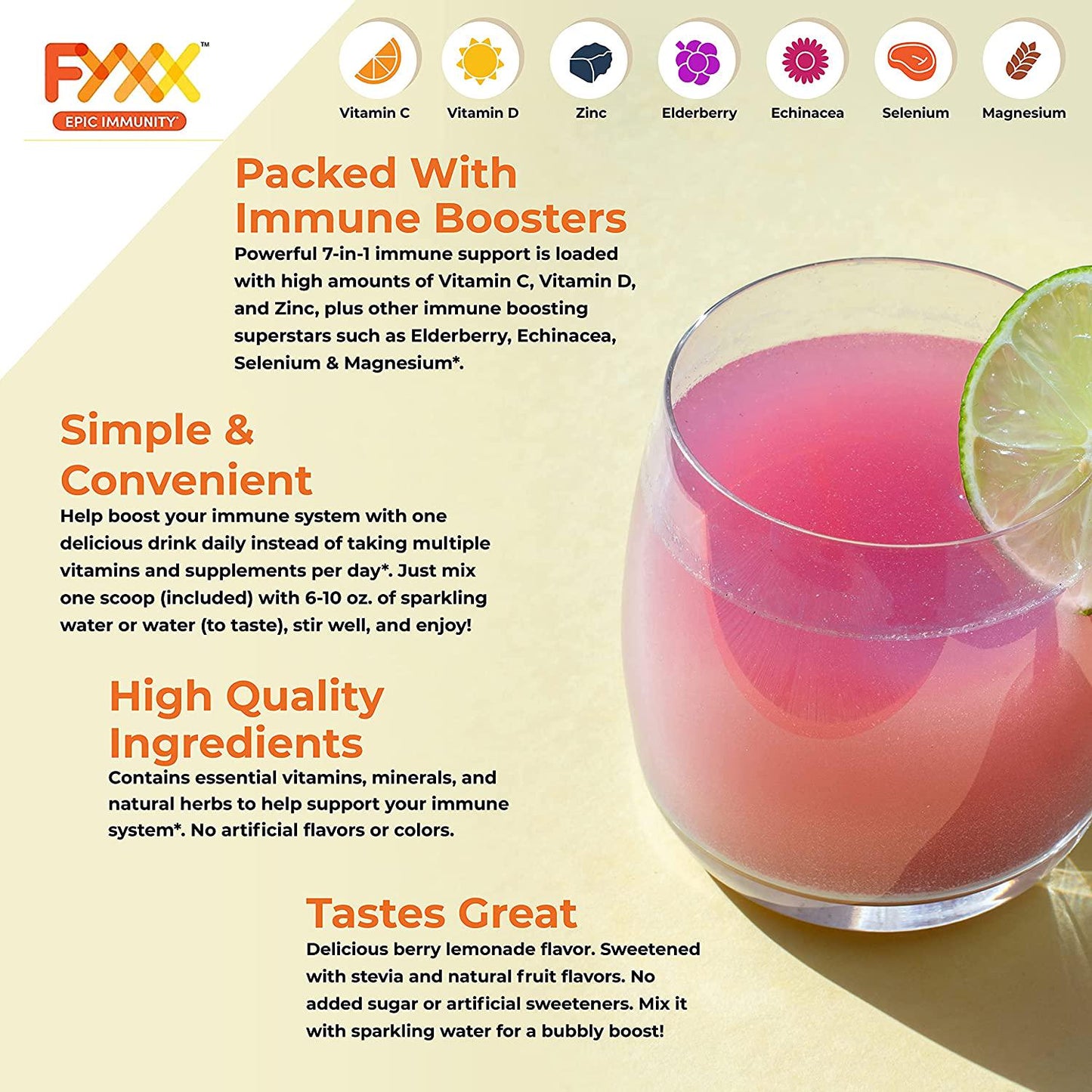 FYXX Epic Immunity - 7-in-1 Immune Booster with Powerful Blend of Vitamin C, Vitamin D, Zinc, Elderberry, Echinacea, Selenium and Magnesium for Daily Immune Support. Berry Lemonade Flavor. 30 Servings.