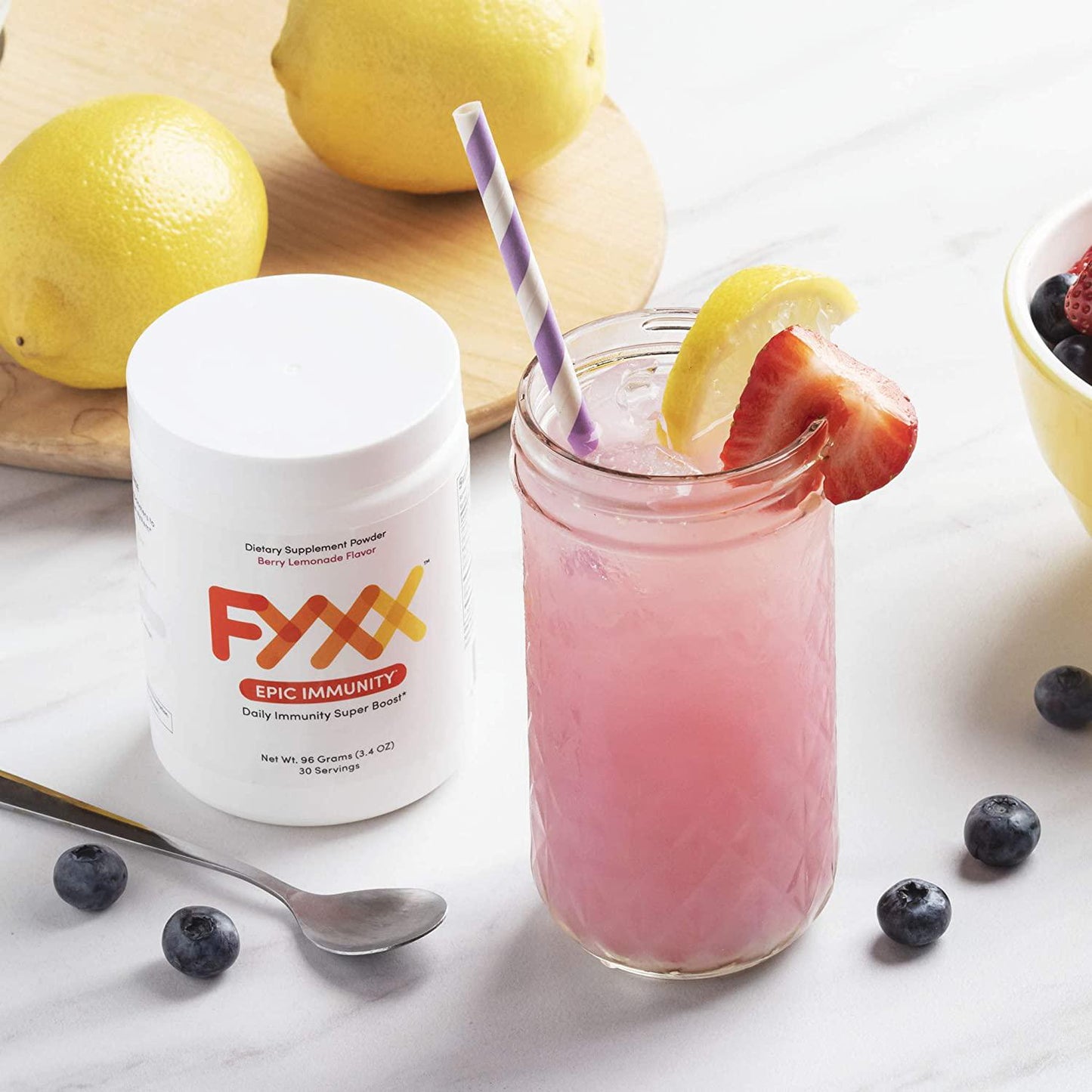 FYXX Epic Immunity - 7-in-1 Immune Booster with Powerful Blend of Vitamin C, Vitamin D, Zinc, Elderberry, Echinacea, Selenium and Magnesium for Daily Immune Support. Berry Lemonade Flavor. 30 Servings.