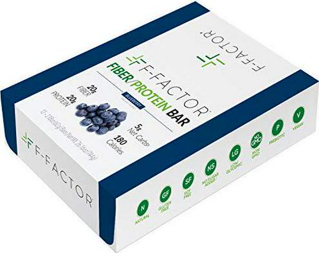 F-Factor Blueberry Fiber Protein Bar, High Fiber, High Protein, Low Carb, Gluten Free, Low Sugar, Vegan, Soy Free, Natural, Keto Friendly, Healthy and Convenient Snack, 12 Count