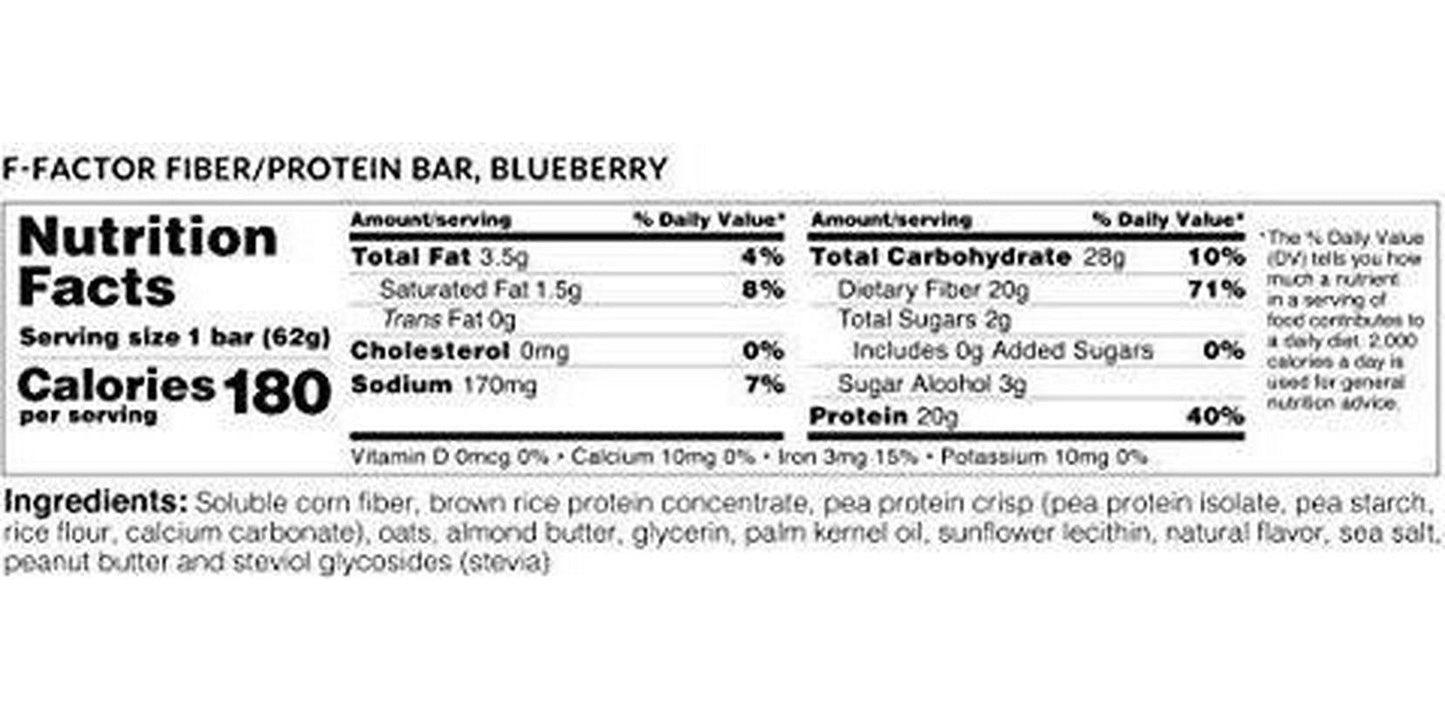 F-Factor Blueberry Fiber Protein Bar, High Fiber, High Protein, Low Carb, Gluten Free, Low Sugar, Vegan, Soy Free, Natural, Keto Friendly, Healthy and Convenient Snack, 12 Count
