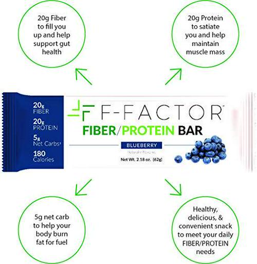 F-Factor Blueberry Fiber Protein Bar, High Fiber, High Protein, Low Carb, Gluten Free, Low Sugar, Vegan, Soy Free, Natural, Keto Friendly, Healthy and Convenient Snack, 12 Count