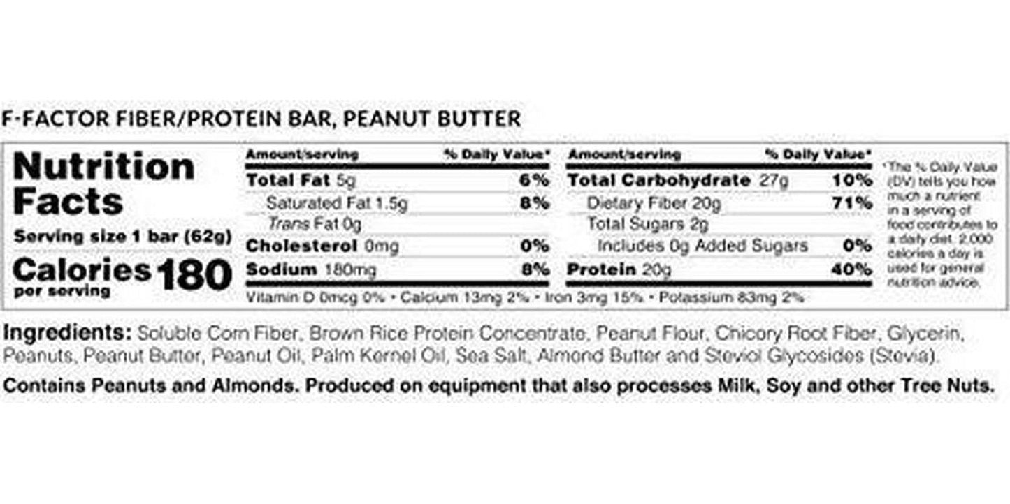F-Factor Peanut Butter Fiber Protein Bar, High Fiber, High Protein, Low Carb, Gluten Free, Low Sugar, Vegan, Soy Free, Natural, Keto Friendly, Healthy and Convenient Snack, 12 Count