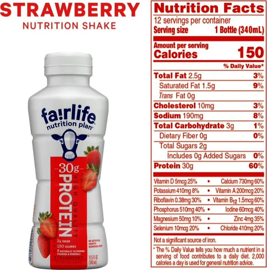 Fair Life Fairlife Protein Shake Strawberry Nutrition Plan 30g Protein 11.5 FL OZ (Pack of 12)