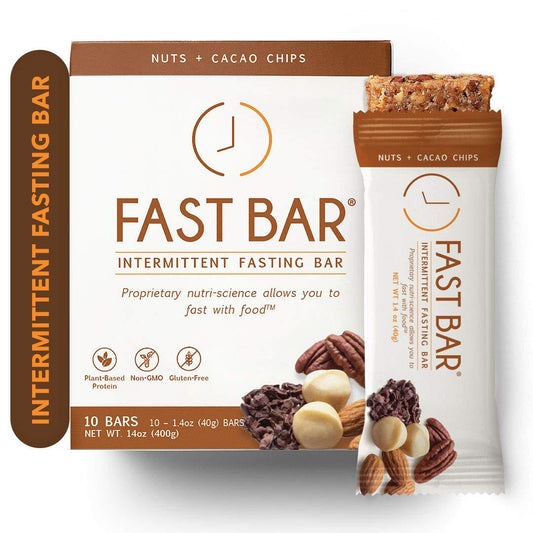 Fast Bar, Nuts and Cacao Chips, Gluten Free, Plant Based Protein Bar For Weight Management and Intermittent Fasting (10 Count Box)