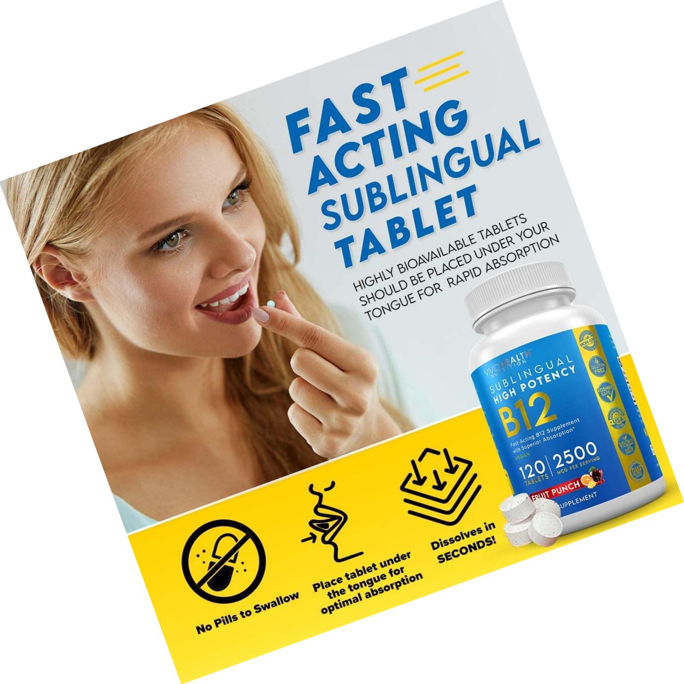 Fast Dissolving Sublingual Vitamin B12 Supplement with 2500mcg Methylcobalamin by Vivid Health Nutrition - Bioavailable, Vegan Safe and Non-GMO - 120 Fruit Punch Flavored Sublingual Tablets