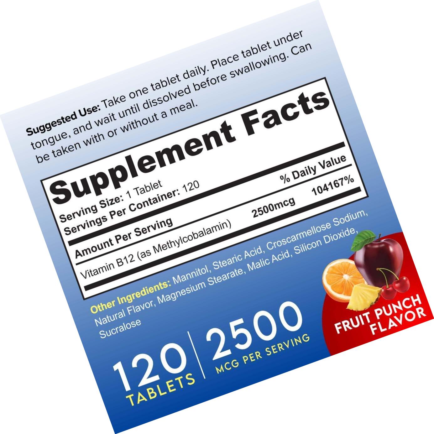 Fast Dissolving Sublingual Vitamin B12 Supplement with 2500mcg Methylcobalamin by Vivid Health Nutrition - Bioavailable, Vegan Safe and Non-GMO - 120 Fruit Punch Flavored Sublingual Tablets