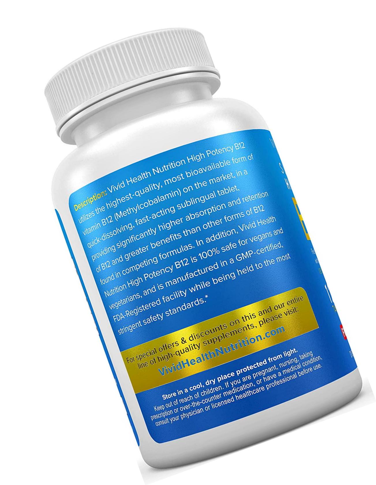 Fast Dissolving Sublingual Vitamin B12 Supplement with 2500mcg Methylcobalamin by Vivid Health Nutrition - Bioavailable, Vegan Safe and Non-GMO - 120 Fruit Punch Flavored Sublingual Tablets