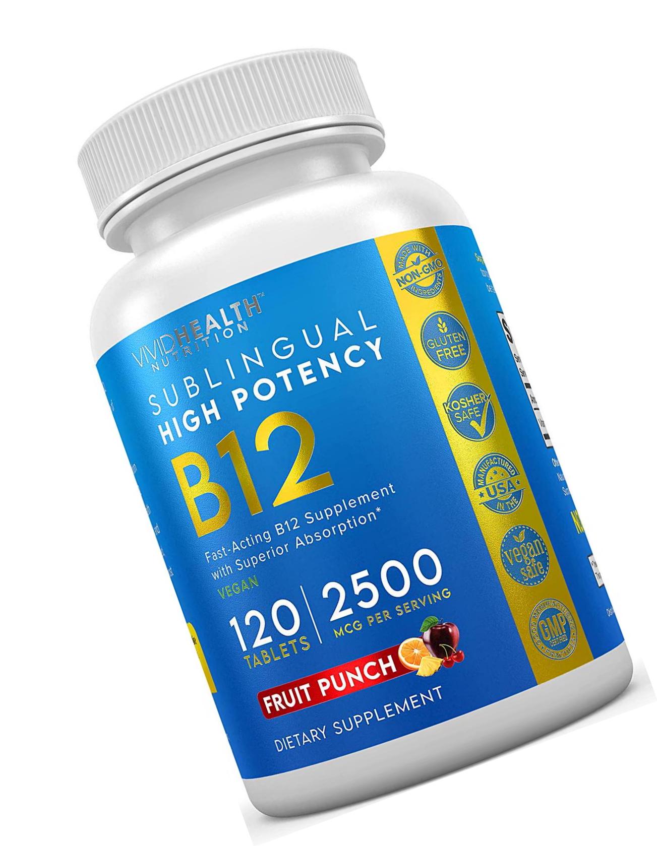 Fast Dissolving Sublingual Vitamin B12 Supplement with 2500mcg Methylcobalamin by Vivid Health Nutrition - Bioavailable, Vegan Safe and Non-GMO - 120 Fruit Punch Flavored Sublingual Tablets