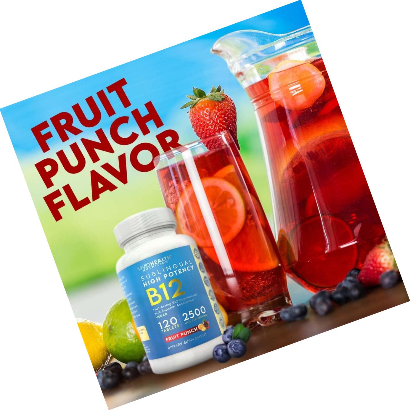Fast Dissolving Sublingual Vitamin B12 Supplement with 2500mcg Methylcobalamin by Vivid Health Nutrition - Bioavailable, Vegan Safe and Non-GMO - 120 Fruit Punch Flavored Sublingual Tablets