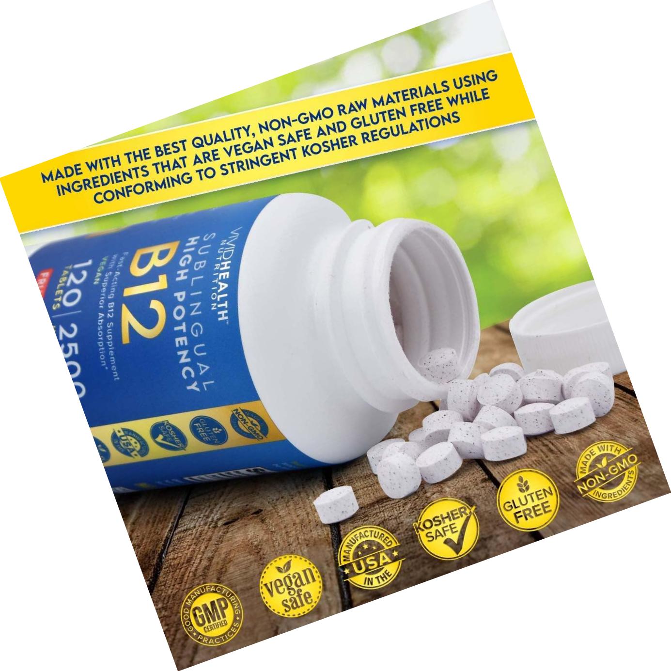 Fast Dissolving Sublingual Vitamin B12 Supplement with 2500mcg Methylcobalamin by Vivid Health Nutrition - Bioavailable, Vegan Safe and Non-GMO - 120 Fruit Punch Flavored Sublingual Tablets