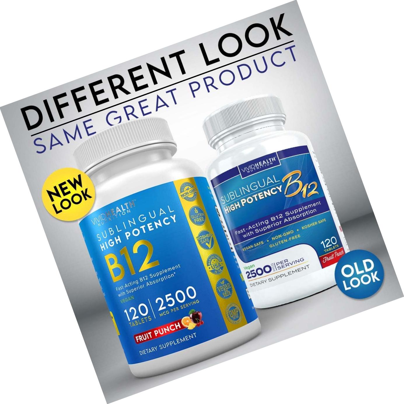 Fast Dissolving Sublingual Vitamin B12 Supplement with 2500mcg Methylcobalamin by Vivid Health Nutrition - Bioavailable, Vegan Safe and Non-GMO - 120 Fruit Punch Flavored Sublingual Tablets