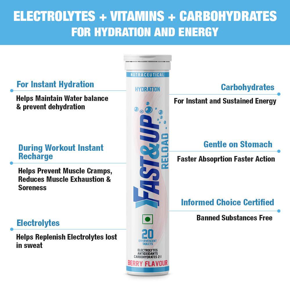 Fast&Up Reload -Electrolyte Energy Drink - On-The-Go Low Sugar Electrolytes - 40 effervescent Tablets - Strawberry Flavour - Lime and Lemon Flavour