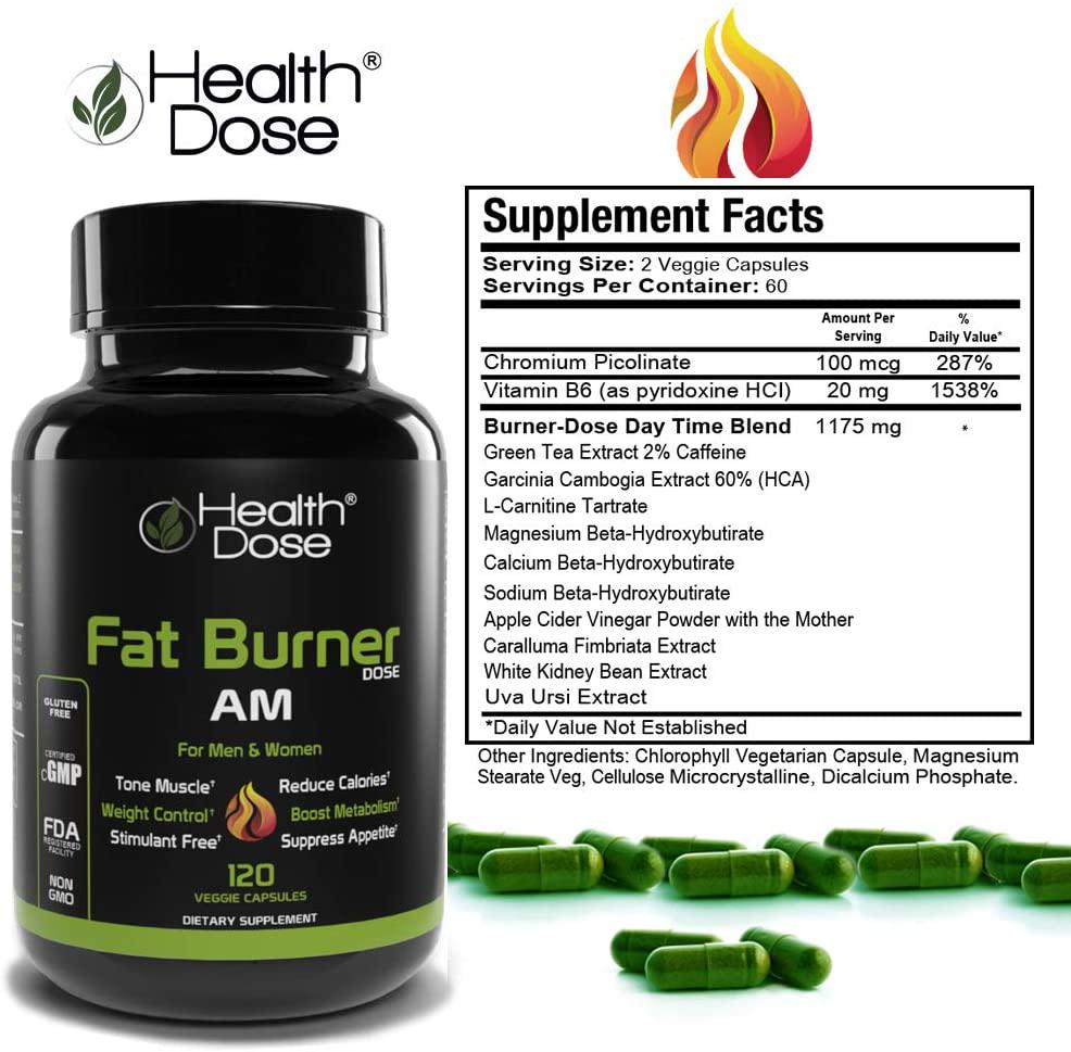 Fat Burner Dose Am Day-Time By Health Dose, 120 Vegetarian Capsules, Green Tea, L-Carnitine Tartrate, Uva Ursi, Garcinia Cambogia, Apple Cider Vinegar - More, Weight Loss for Men and Women Supplement.