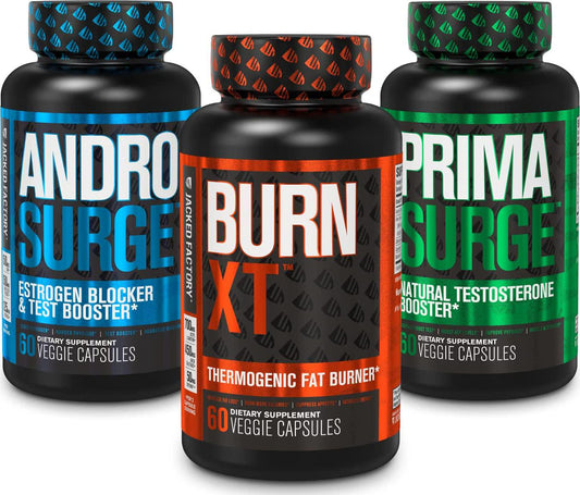Fat Burner with Testosterone Booster Stack - Burn-XT Thermogenic Fat Burner, ANDROSURGE Estrogen Blocker, and PRIMASURGE Testosterone Booster for Men