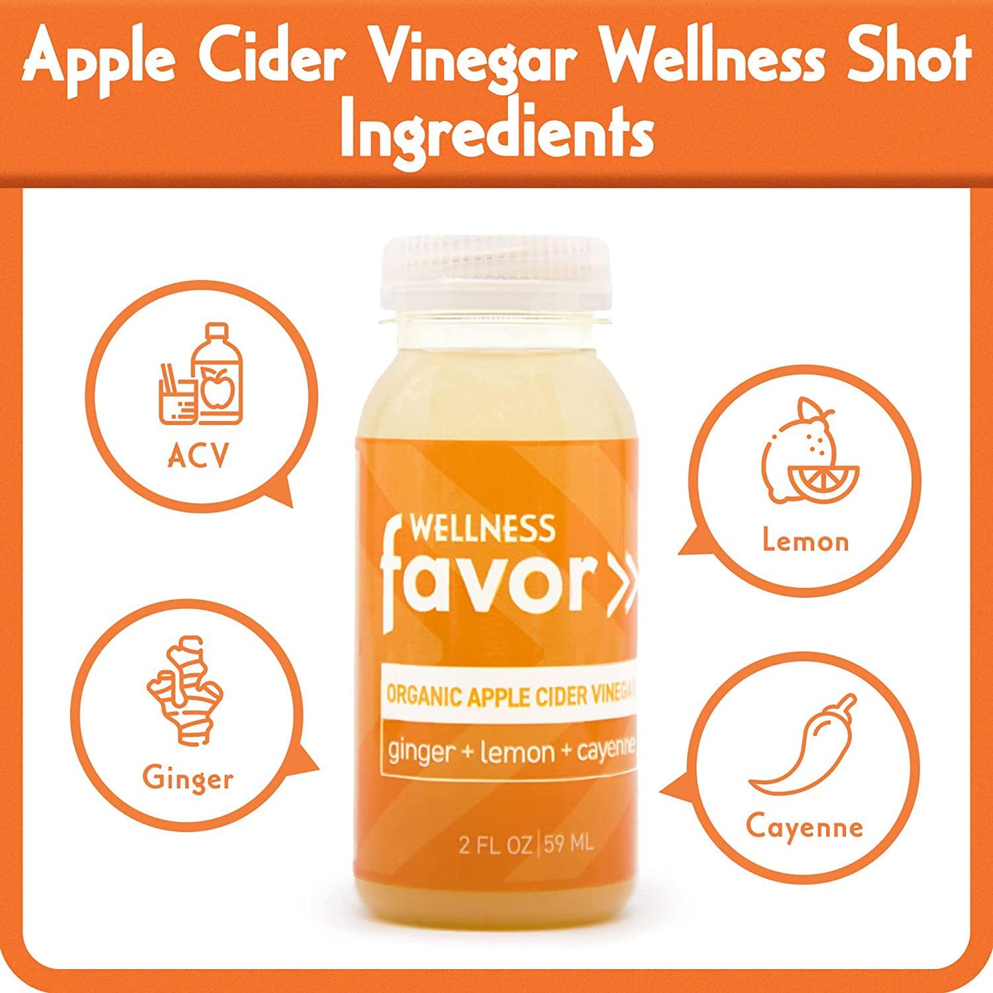 Favor Apple Cider Vinegar Wellness Shot with Ginger, Lemon and Cayenne - Organic Drink for Immunity Boost, Digestion and Gut Health - Pack of 12 (2 fl oz Each)