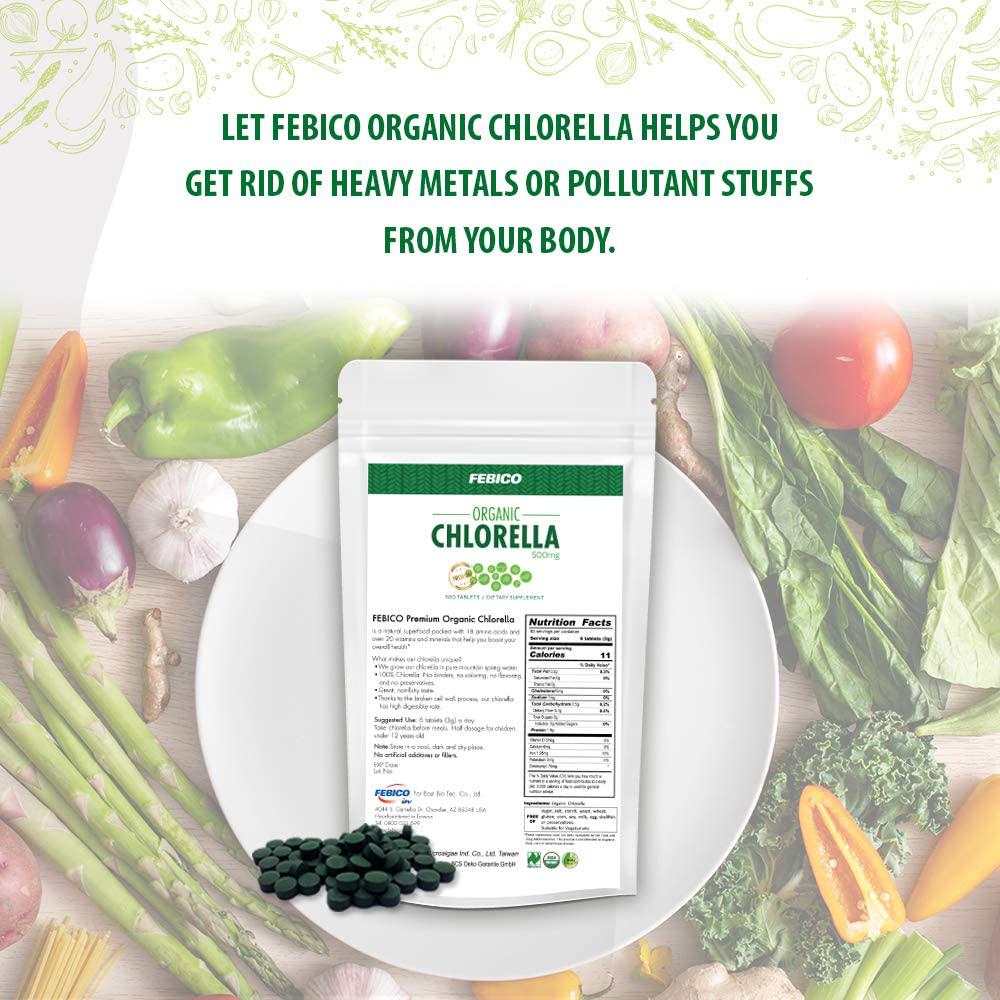 Febico Pure Organic Chlorella Tablets,500 Counts- Rich Ingredients,Vitamin, Vegan, Best Green Superfood, high-quality, non-gmo, detox, USDA, With Broken Cell Wall Chlorella and Chlorella Growth Factor
