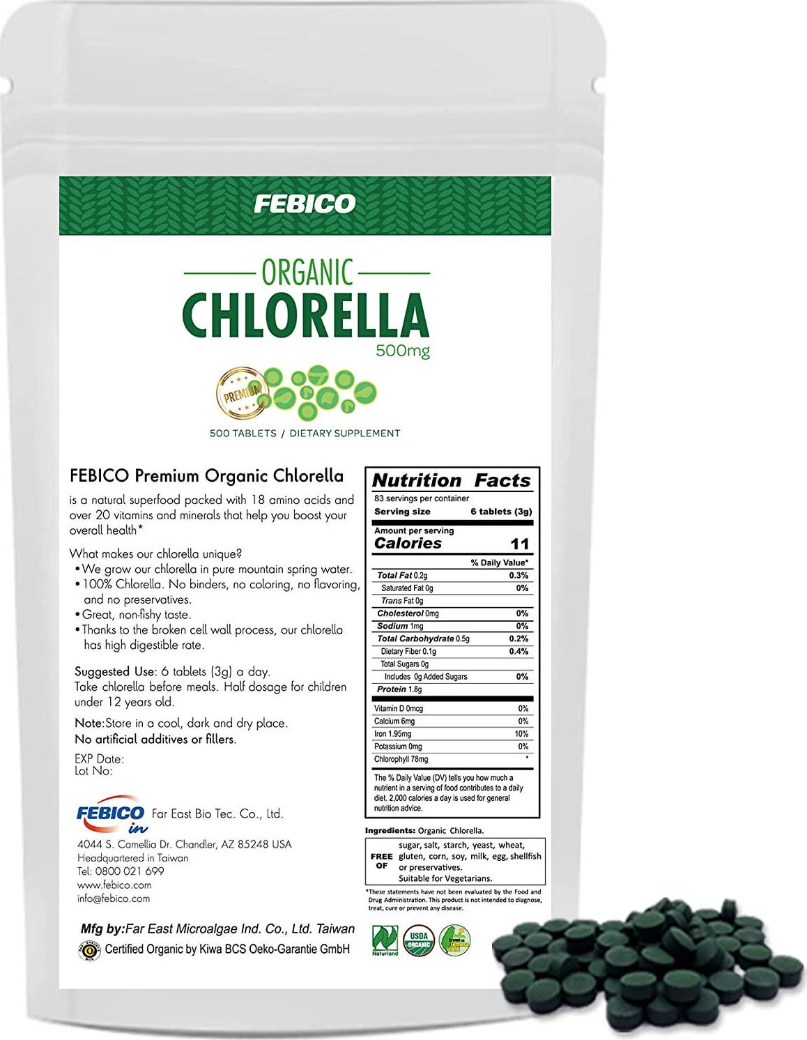 Febico Pure Organic Chlorella Tablets,500 Counts- Rich Ingredients,Vitamin, Vegan, Best Green Superfood, high-quality, non-gmo, detox, USDA, With Broken Cell Wall Chlorella and Chlorella Growth Factor