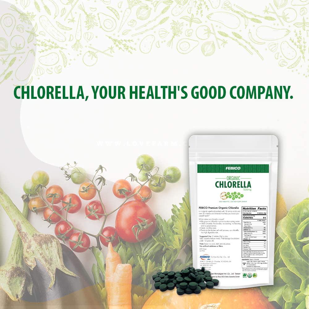 Febico Pure Organic Chlorella Tablets,500 Counts- Rich Ingredients,Vitamin, Vegan, Best Green Superfood, high-quality, non-gmo, detox, USDA, With Broken Cell Wall Chlorella and Chlorella Growth Factor