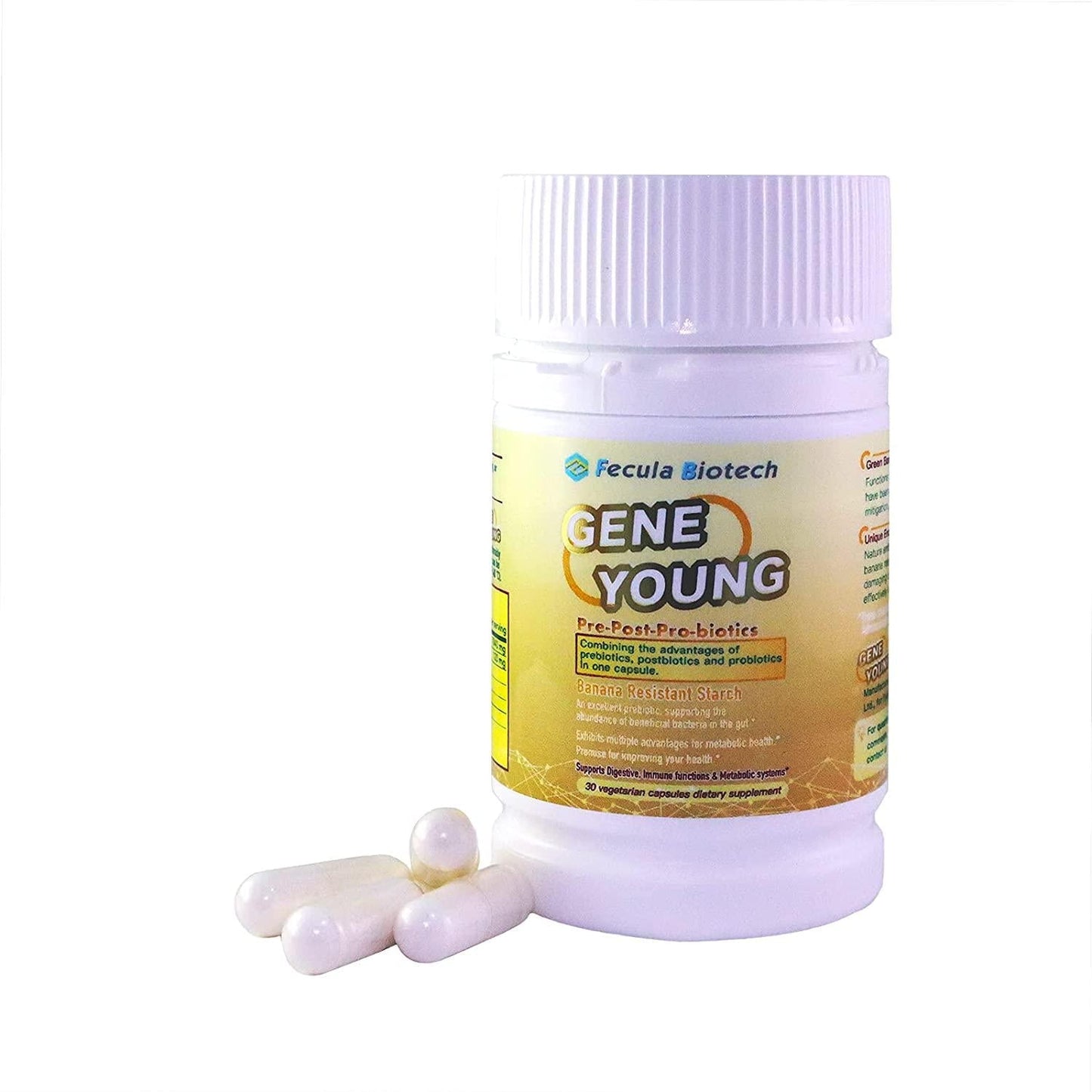 Fecula Biotech Gene Young, Prebiotics, Probiotics + Postbiotics, Benefits Gut Microbiota Supports Digestive Immune Functions Metabolic Systems, Great Stability Purity Potency, 30 Vegetarian Capsules
