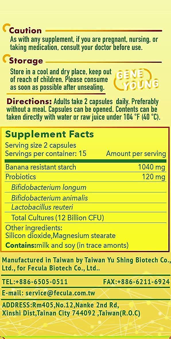 Fecula Biotech Gene Young, Prebiotics, Probiotics + Postbiotics, Benefits Gut Microbiota Supports Digestive Immune Functions Metabolic Systems, Great Stability Purity Potency, 30 Vegetarian Capsules