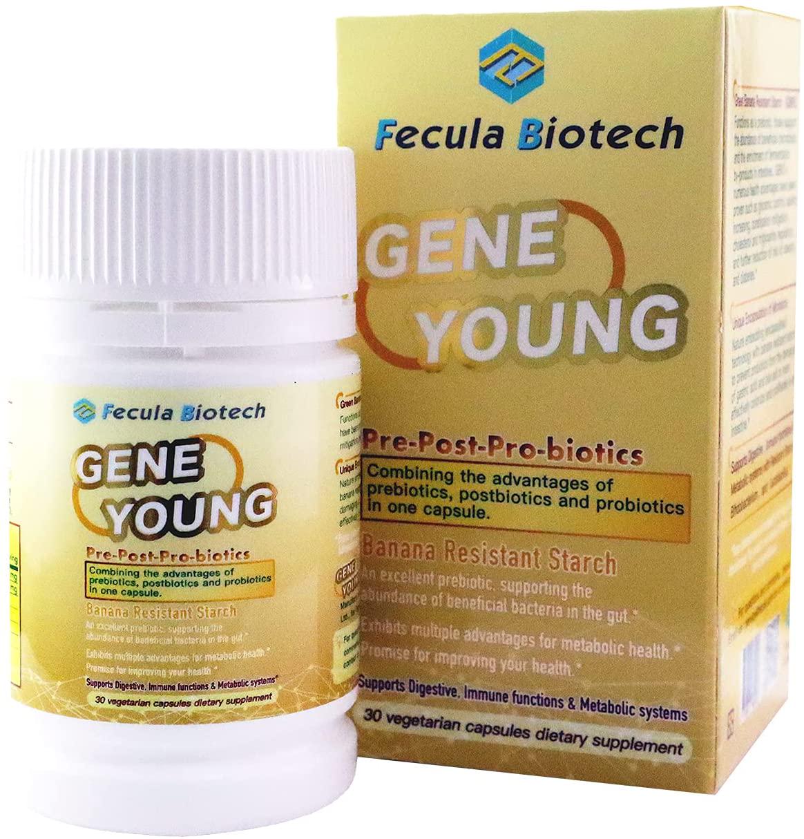 Fecula Biotech Gene Young, Prebiotics, Probiotics + Postbiotics, Benefits Gut Microbiota Supports Digestive Immune Functions Metabolic Systems, Great Stability Purity Potency, 30 Vegetarian Capsules