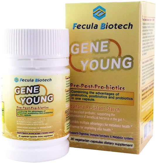 Fecula Biotech Gene Young, Prebiotics, Probiotics + Postbiotics, Benefits Gut Microbiota Supports Digestive Immune Functions Metabolic Systems, Great Stability Purity Potency, 30 Vegetarian Capsules