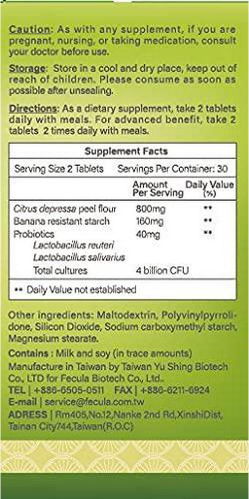 Fecula Biotech Love Living Tablets, Benefits Blood Pressure, Blood Sugar, Blood Lipids Parameters, Green Banana Resistant Starch, Taiwan Citrus depressa Hayata Syn- biotics, 60 Vegetarian Tablets