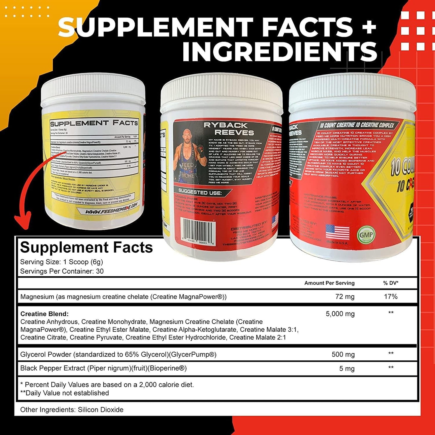 Feed Me More 10 Count Creatine 10 All Natural Creatine Complex to Increase Weight, Improve Strength, Gain Lean Muscle Mass, Recover Quicker After Workout and More with Glycerpump and Bioperine 180g