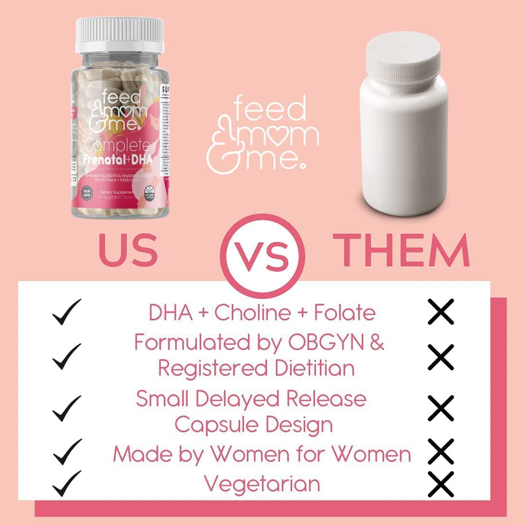 Feed Mom and Me Prenatal Vitamin + DHA, 22 Vitamins and Minerals for Baby’s Development and Mom Nourishment: Folate, Selenium, Iron, Choline, Vitamin C, D3, Calcium, Gluten and Soy Free, NON-GMO 30 Day Supply