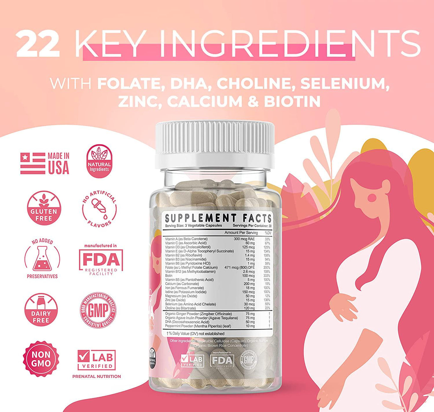 Feed Mom and Me Prenatal Vitamin + DHA, 22 Vitamins and Minerals for Baby’s Development and Mom Nourishment: Folate, Selenium, Iron, Choline, Vitamin C, D3, Calcium, Gluten and Soy Free, NON-GMO 30 Day Supply